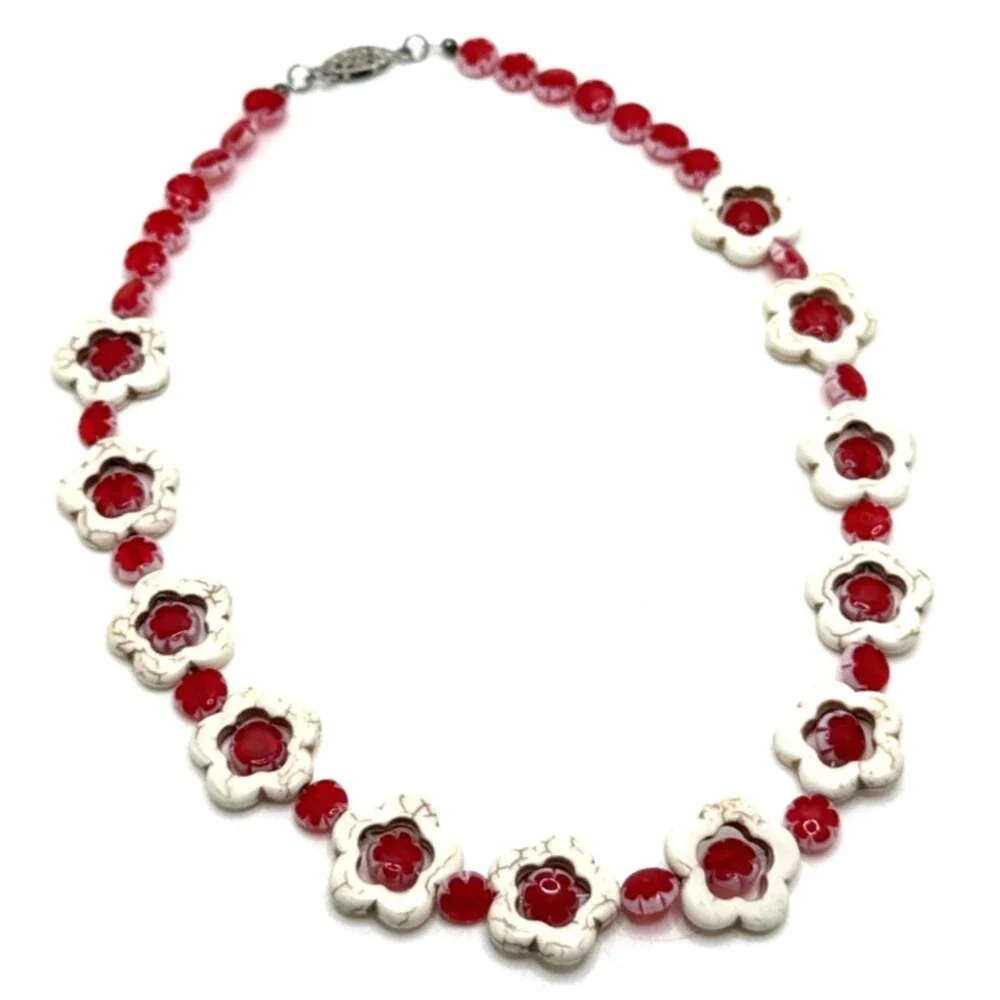 Vintage Millefiori Glass Bead & Howlite Necklace Red White Floral Statement 17.5